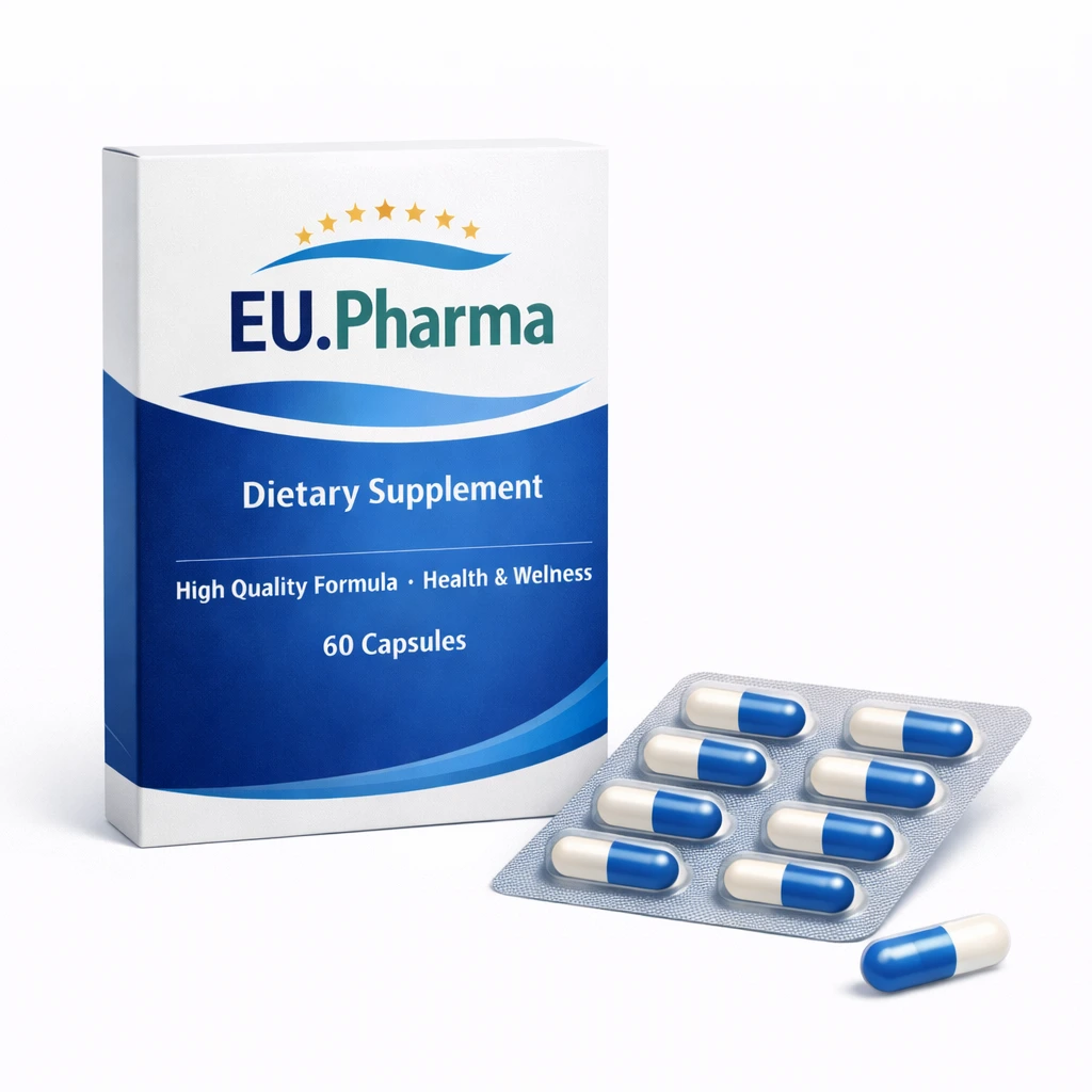 EU.Pharma blister pack with blue and white capsules.