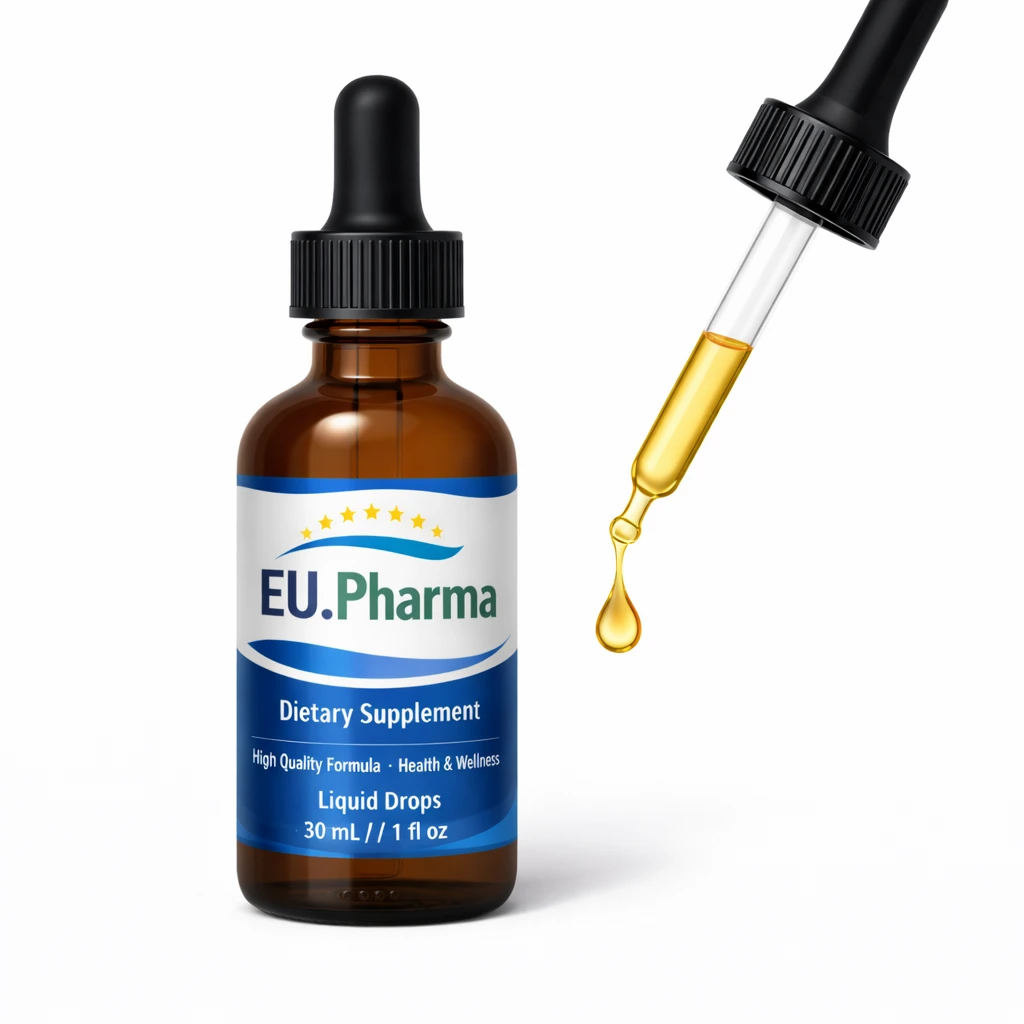 EU.Pharma liquid drops with amber bottle and golden dropper.