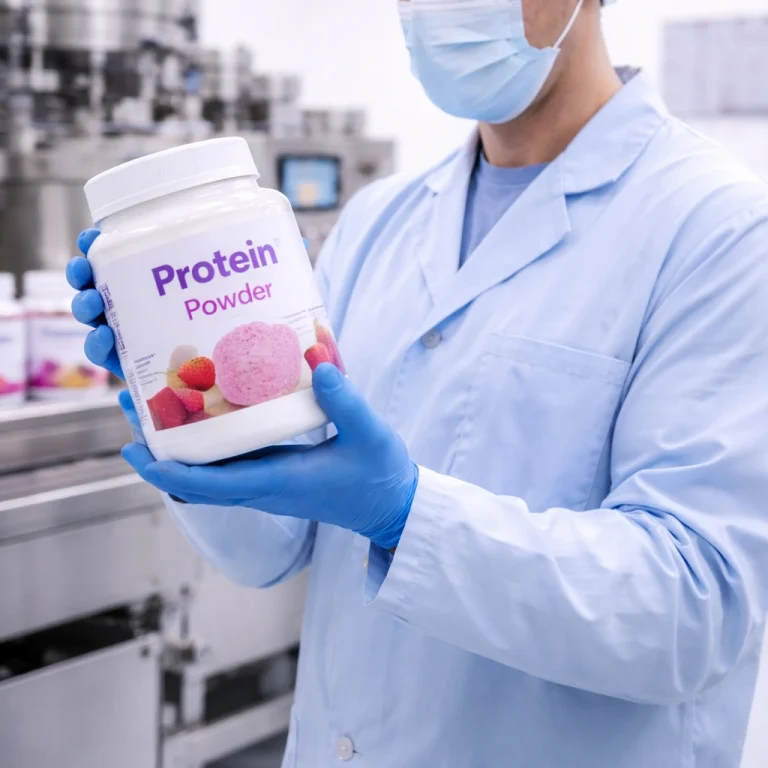 Scientist holding a jar of protein powder in a cleanroom.