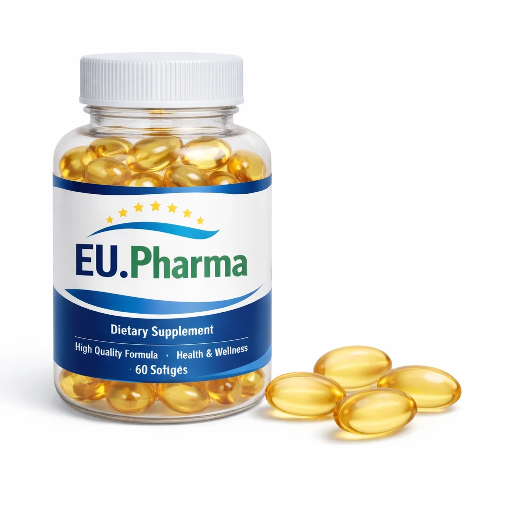EU.Pharma softgel bottle with golden softgels beside it.