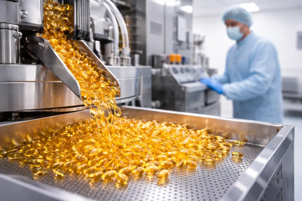 Golden-yellow softgel capsules flowing from a hopper onto a tray, with a worker monitoring the process in the background.