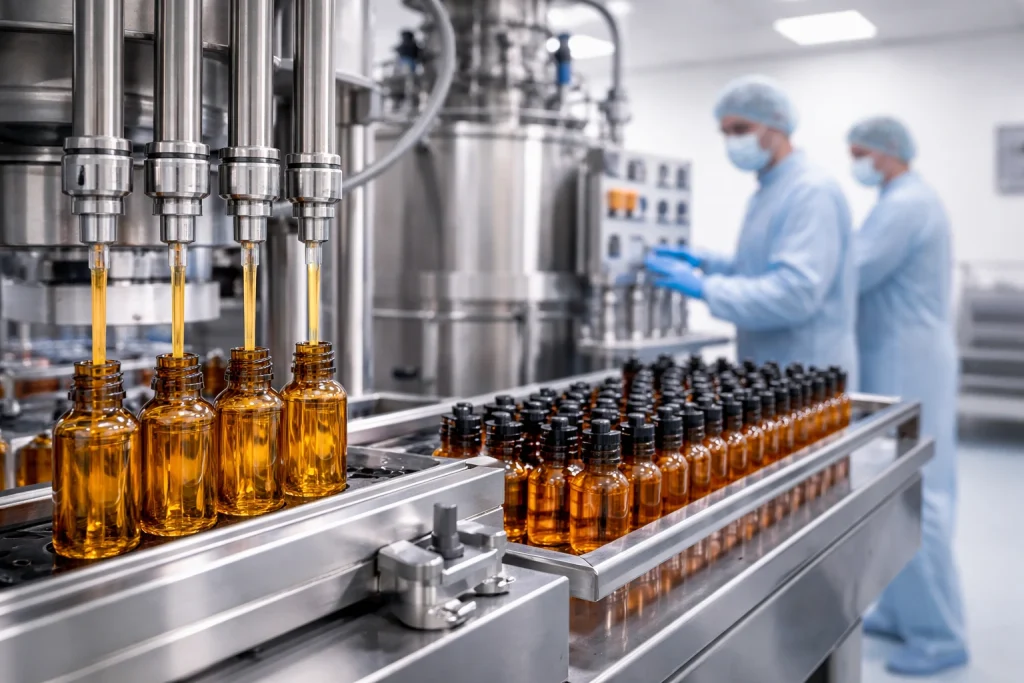 Liquid being dispensed into amber bottles, with workers monitoring the process.