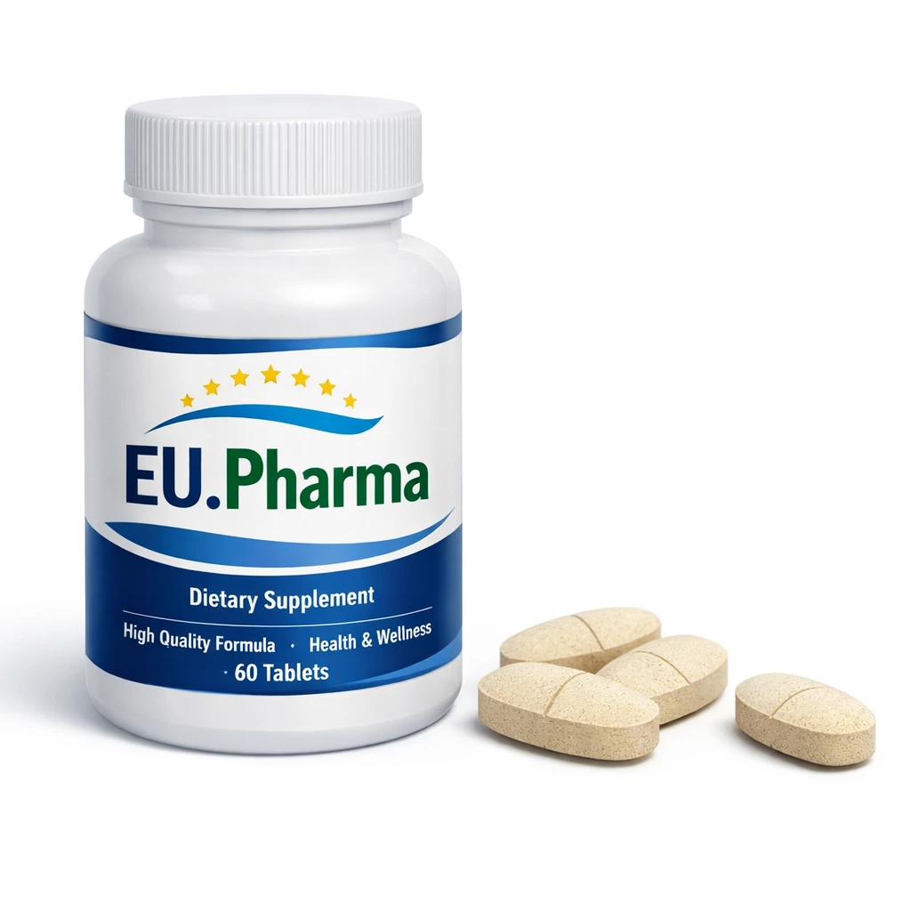 EU.Pharma tablet supplement bottle with tablets beside it.