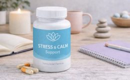 一瓶压力管理补充剂，旁边有一张书桌和一些放松的小物件，突显补充剂对减轻压力和促进放松的效果。