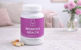 展示一瓶专为女性设计的健康补充剂，背景为温馨的家居场景，突显女性健康的护理和关怀。