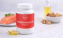 心血管健康补充剂，旁边放置富含omega-3脂肪酸的食物，如鱼类和坚果，突显心脏和代谢健康的保护作用。