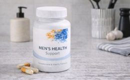 一瓶男性健康补充剂，背景为简洁现代的厨房或工作台，突出专为男性健康设计的产品。