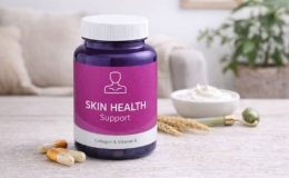 一瓶皮肤健康补充剂，背景为自然舒适的家居环境，突出补充剂对皮肤抗衰老和美肤的作用。