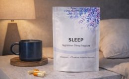 一袋促进睡眠的健康补充剂，旁边有一个放松的场景，比如热饮和一颗枕头，突显改善睡眠质量的效果。