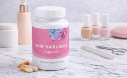一瓶皮肤、头发和指甲健康补充剂，旁边放置一些护肤品、指甲油等护理用品，突显补充剂在改善皮肤、头发和指甲健康中的作用。